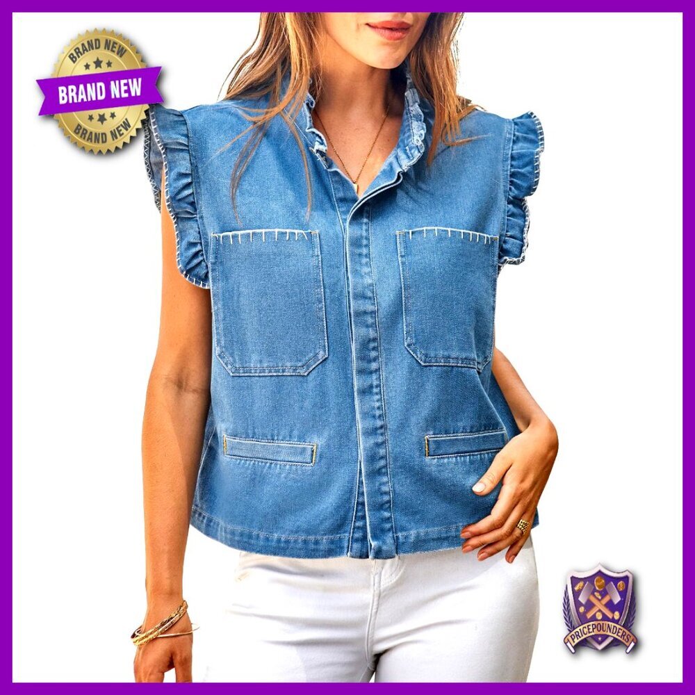 Denim Vest Ruffle Sleeve Cropped Jean Jacket Women's Casual Summer Top - Picture 1 of 7